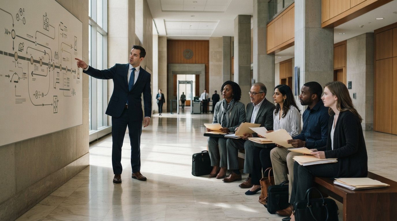 Diverse adults in business-casual attire sit on wooden benches in a courthouse hallway, reviewing manila folders while a…