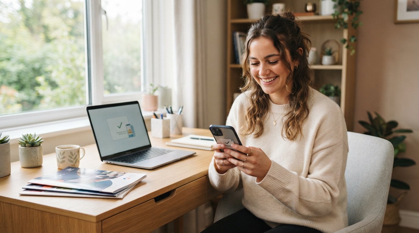 Young adult smiling while holding a smartphone at a bright desk with college brochures and an open laptop