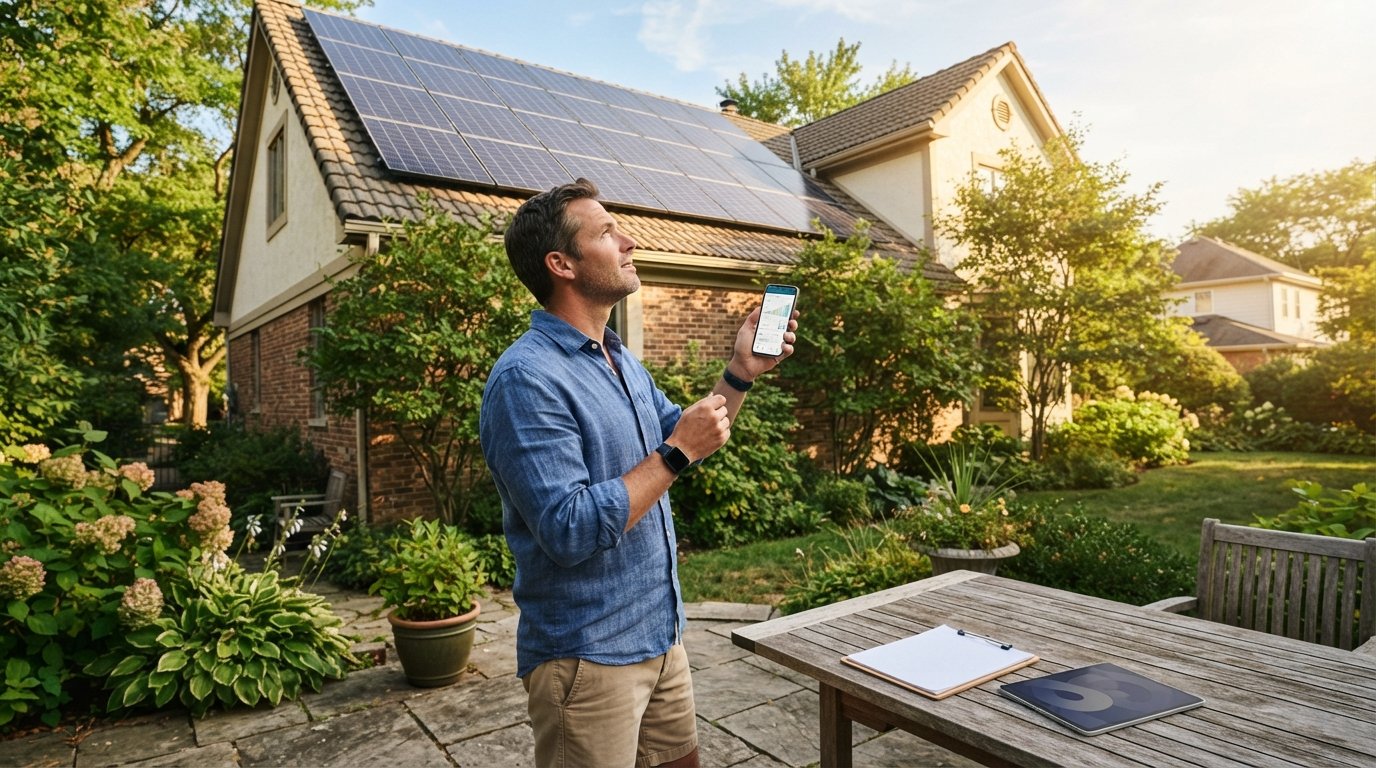 Homeowner in a backyard holding a smartphone with a solar production dashboard, looking up at rooftop solar panels in…