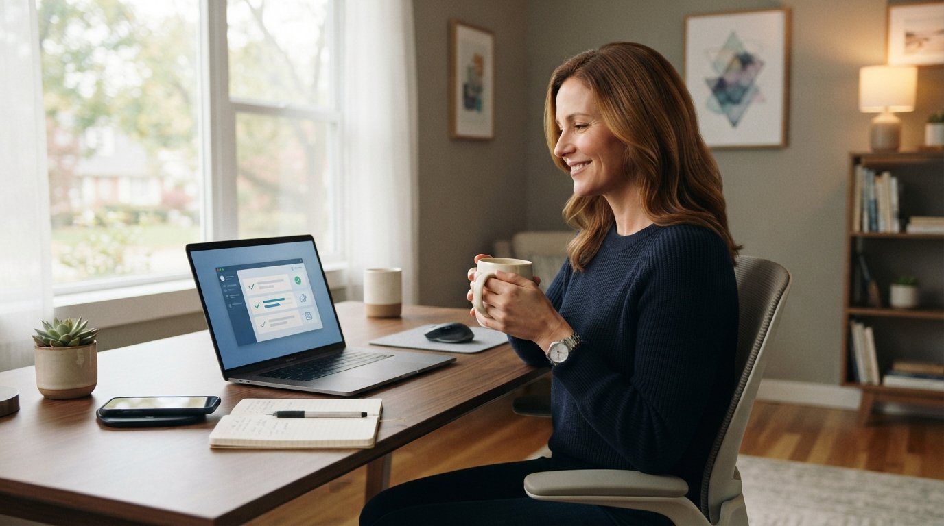 Person in their 40s at a wooden desk looking at a laptop with a relaxed expression, holding a coffee mug, with a smartphone…
