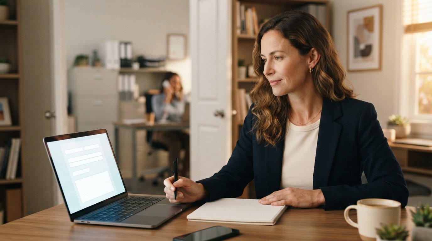 Woman in a navy blazer reviews a blank form on a laptop at a home desk with a notepad, pen, smartphone, and coffee mug,…