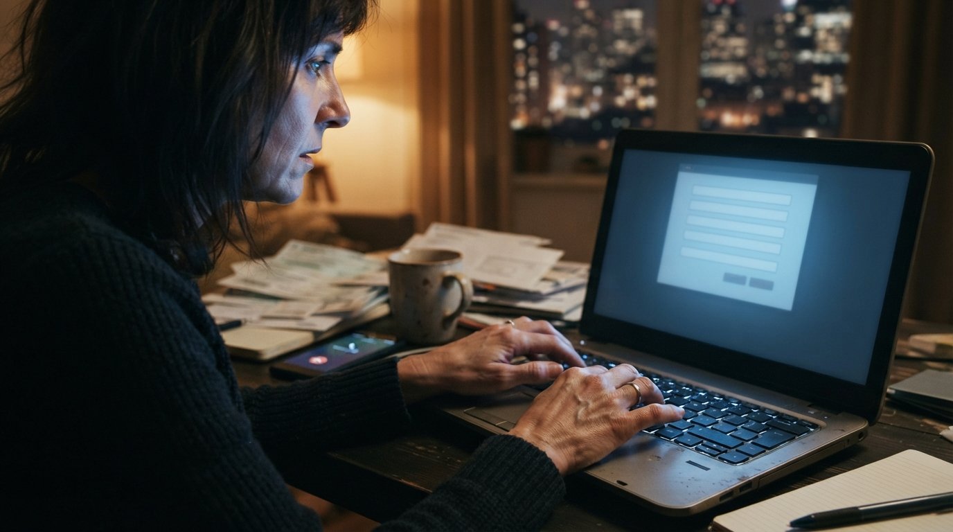 Hands typing on laptop keyboard with online loan form on screen, smartphone and bills on desk