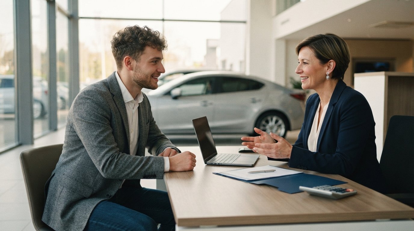 Young buyer in casual business attire reviewing paperwork with a dealership finance manager at a desk in a bright showroom,…