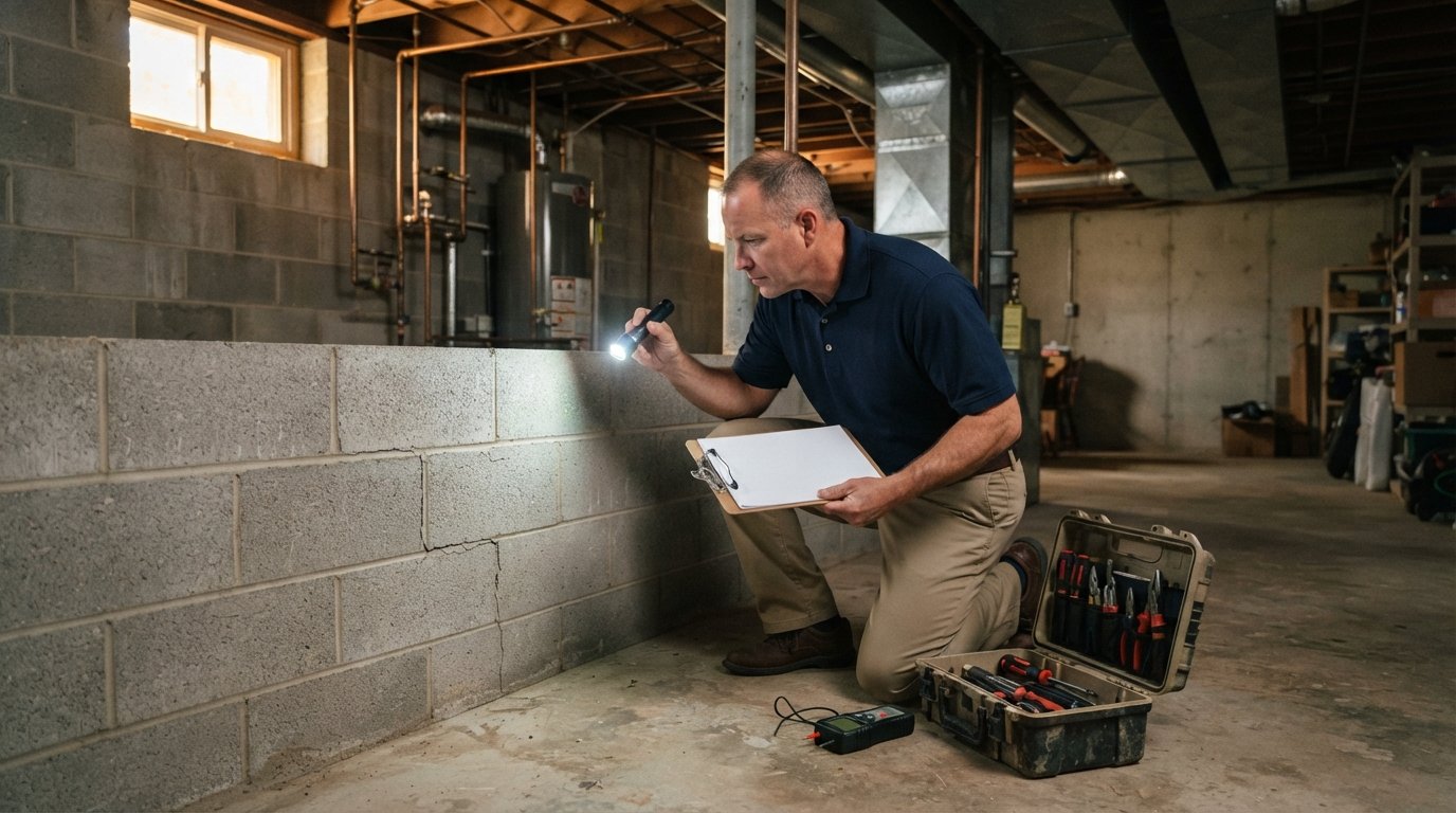 Inspector in navy polo kneeling by a concrete block foundation wall with a flashlight and clipboard, moisture meter and…