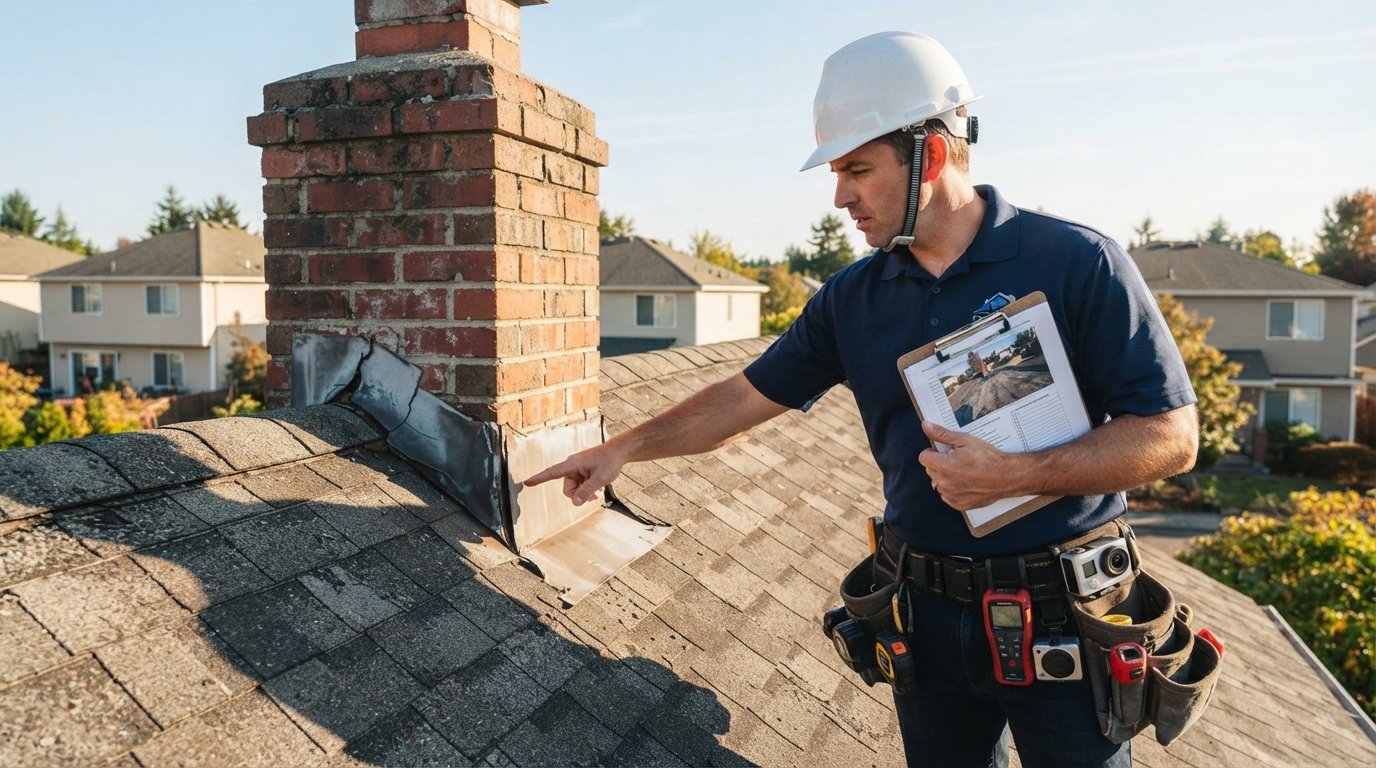 Roofing inspector in hard hat points at cracked chimney flashing while holding a photo-backed inspection report on a…