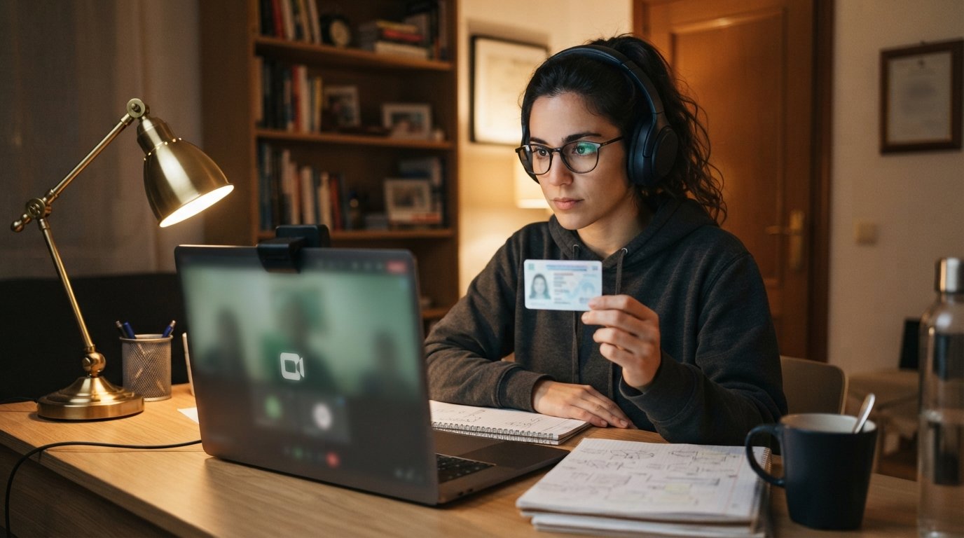 Student in a hoodie and headphones holds a photo ID toward a laptop webcam at a tidy desk lit by a lamp, with notes and a…