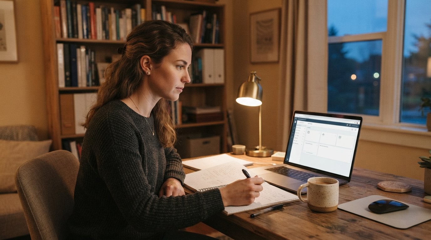 Young woman studying at a wooden desk with a laptop, notebook, coffee mug, and lamp in a warmly lit home office at dusk