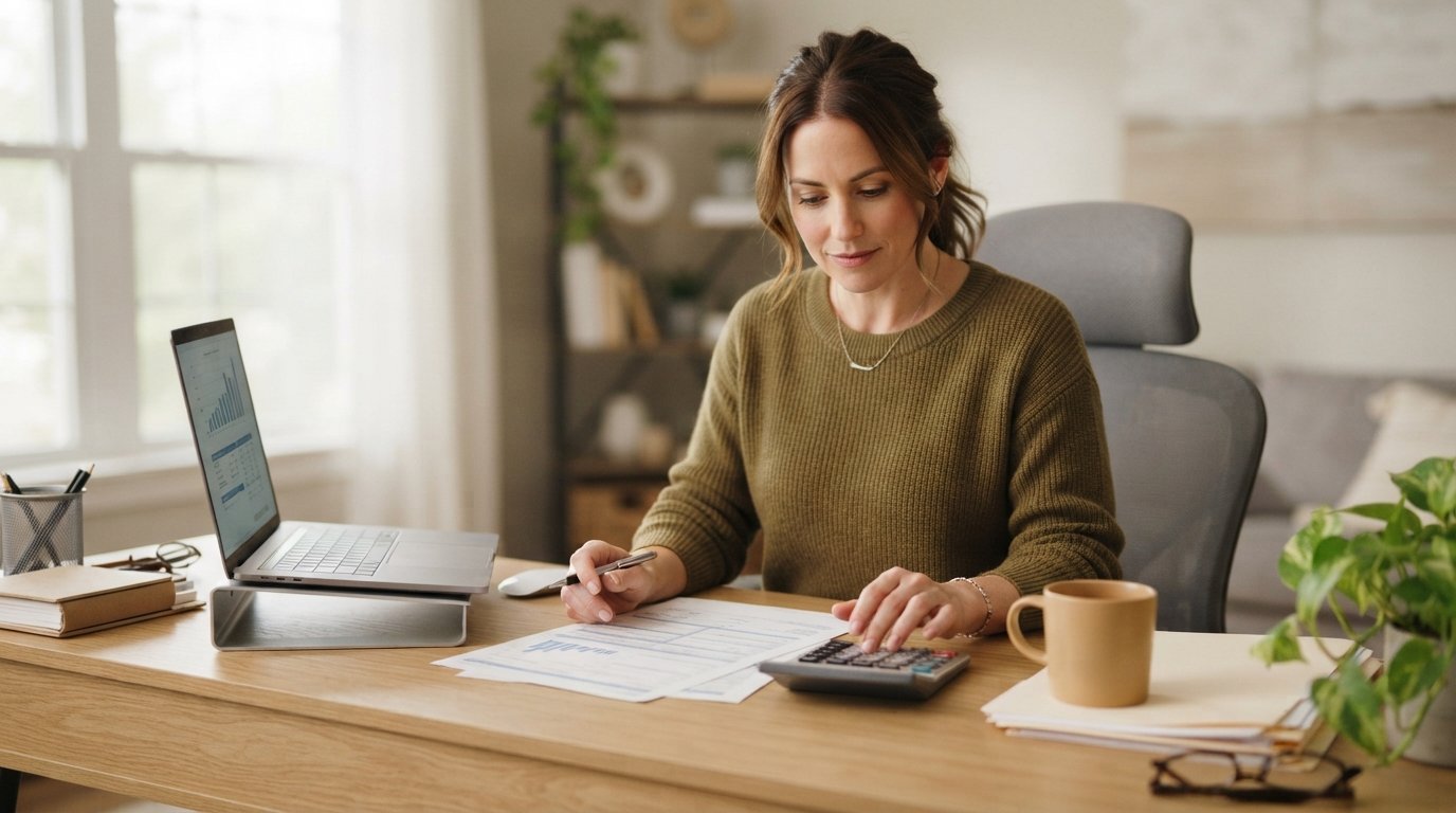Person at a home desk reviewing loan paperwork with a calculator, laptop, pen, folder, and coffee mug