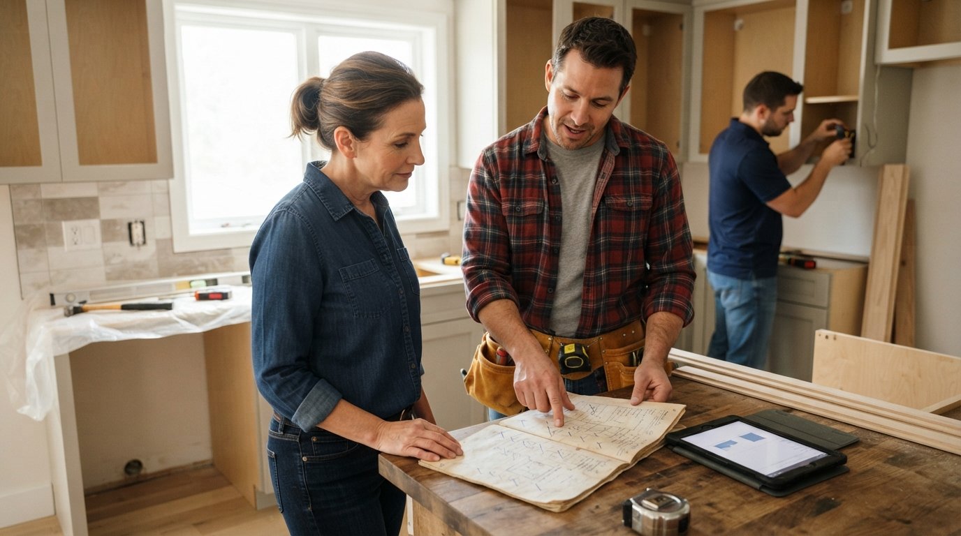 Female homeowner and contractor in plaid shirt review an itemized estimate on a wooden countertop during a kitchen remodel,…