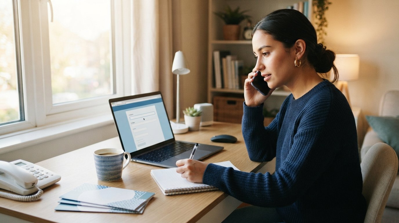 Young professional holding smartphone to ear at desk, laptop showing college application form, brochures and notepad nearby