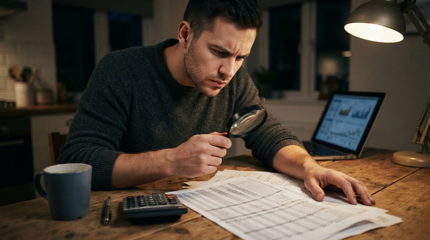 Man holds a magnifying glass over a printed loan document with numbers at a kitchen table, calculator and coffee mug beside…