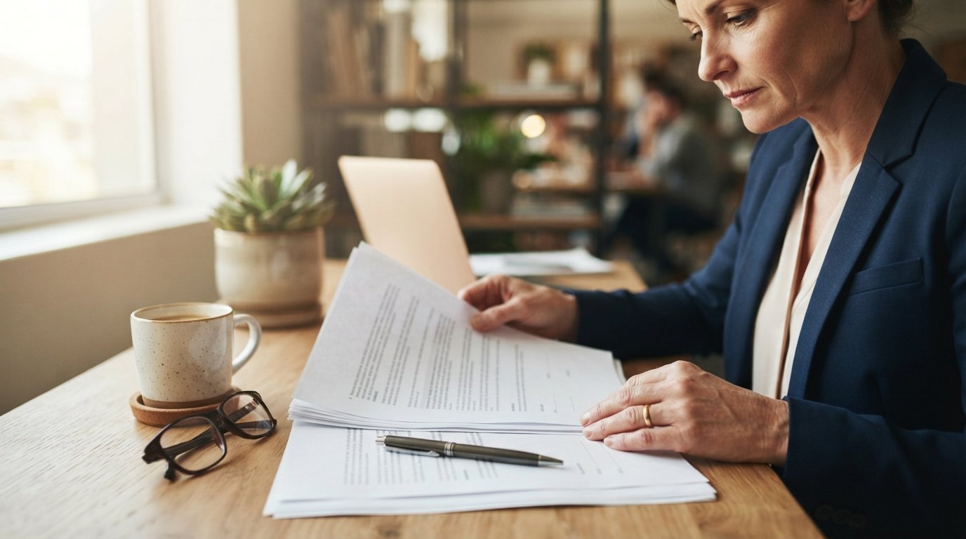 Hands holding a multi-page employment contract with a pen on top, reading glasses and coffee mug on a desk in soft window…