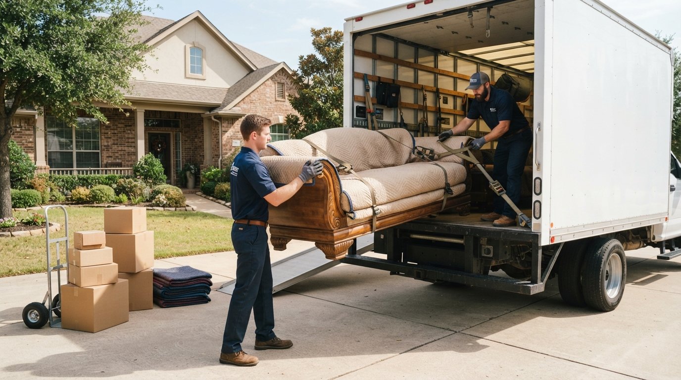 Two movers in navy uniforms wrap a large wooden sofa with padding inside a moving truck, with sealed boxes and a hand truck…