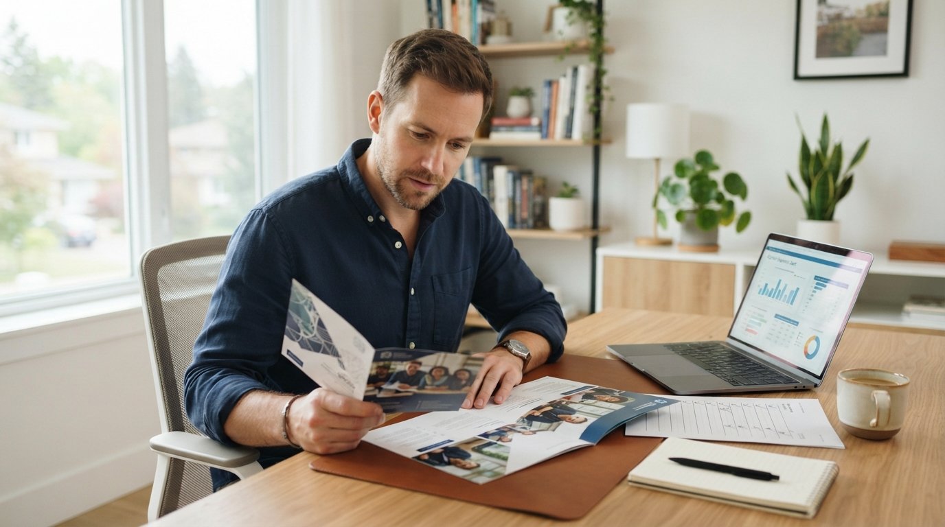 Adult student in a button-down shirt compares two university brochures at a desk with a laptop showing a course comparison…
