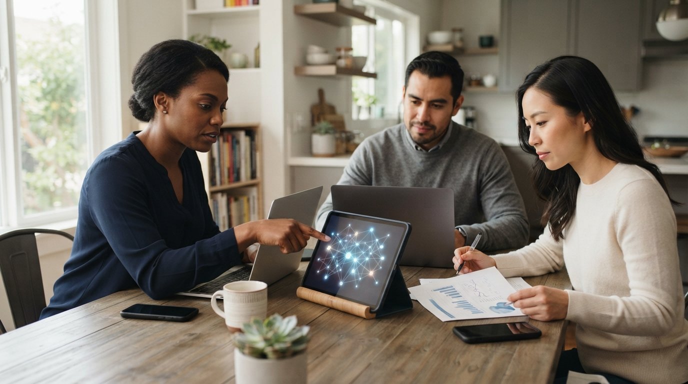 Two women and a man at a kitchen table review loan options on laptops and a tablet showing a network diagram.