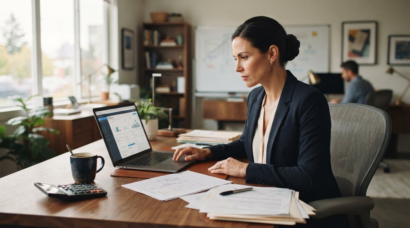 Loan officer reviews a lead profile on a laptop beside a printed checklist, documents, calculator, and coffee mug in a…