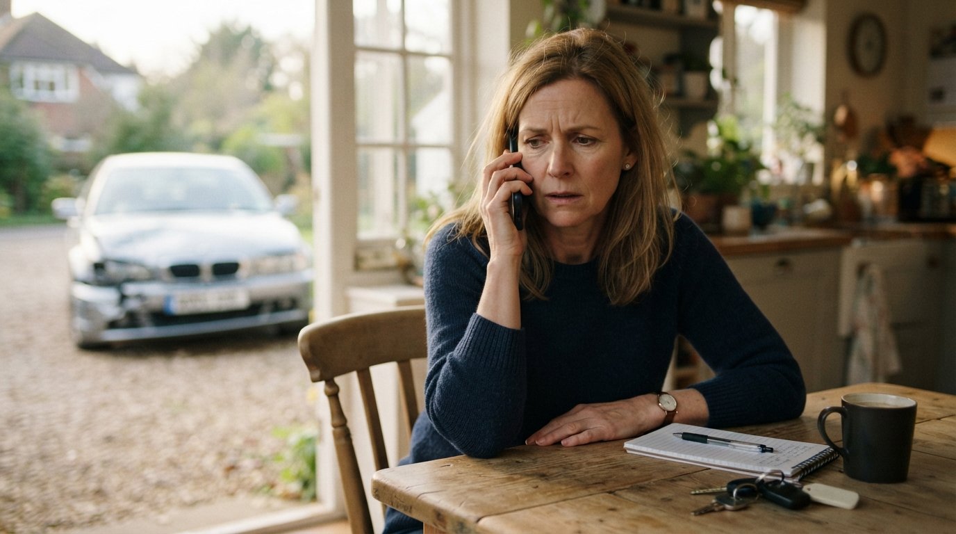 Driver holding phone to ear at kitchen table with notepad, pen, car keys, and coffee mug; damaged silver car visible…