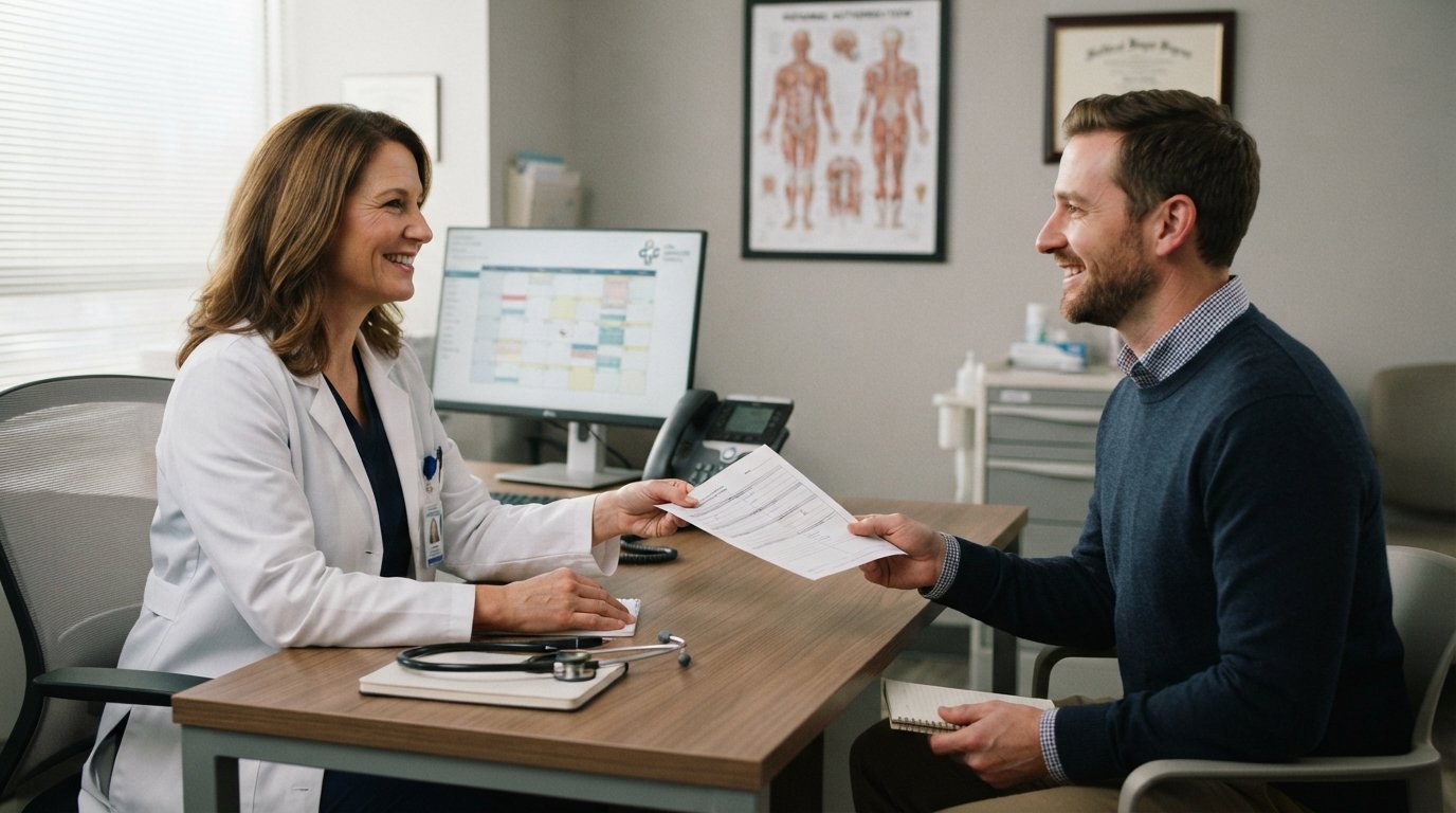 Doctor in white coat handing a printed referral form to a seated patient across a clinic desk with a computer and phone