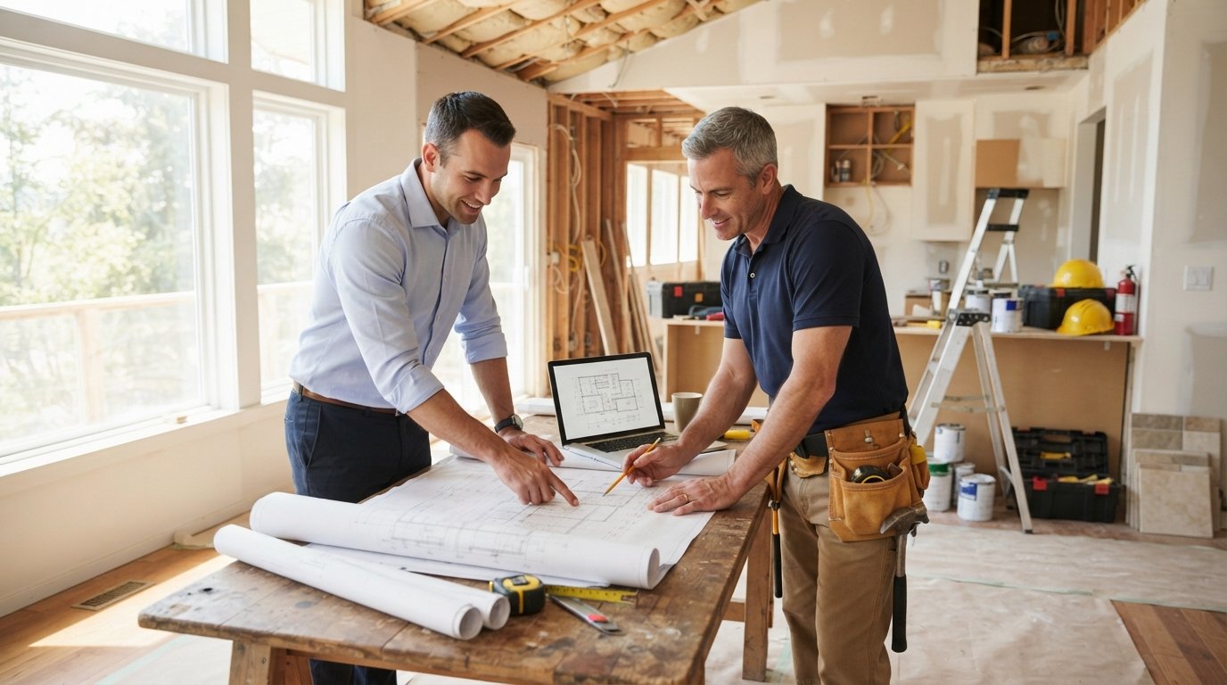 Architect in a blue shirt and contractor with a tool belt review blueprints and a laptop at a wooden table in a sunlit…