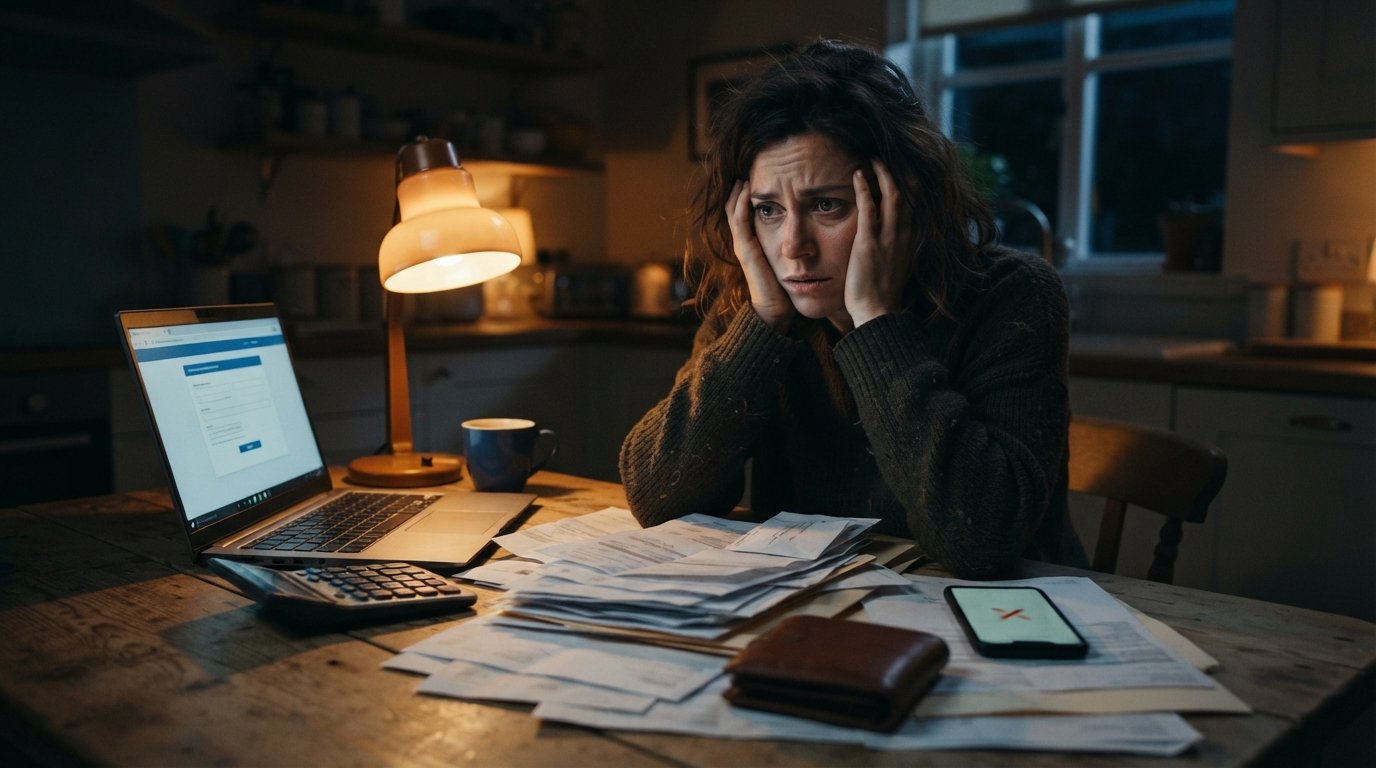 Worried adult at a kitchen table at night, looking at unpaid bills, a calculator, a laptop showing a loan application, a…