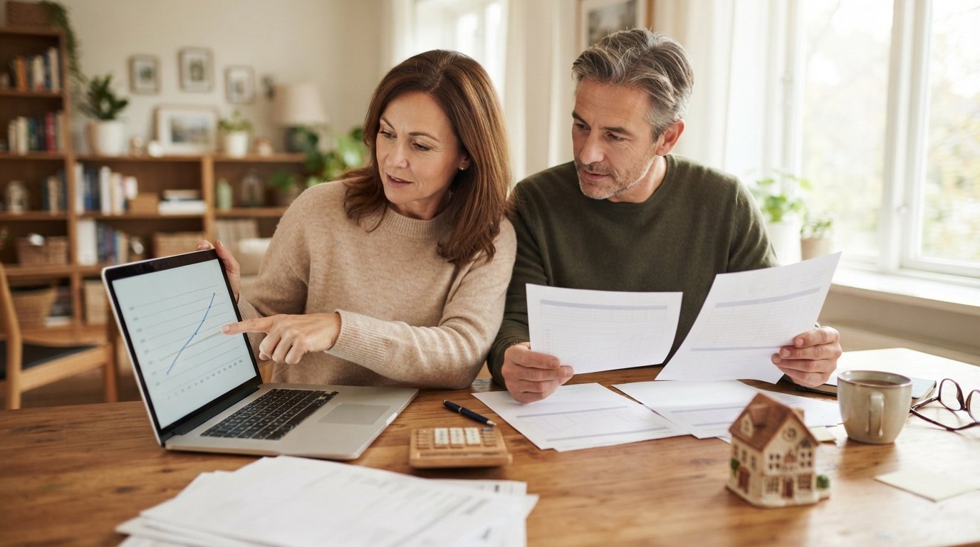 Couple at a kitchen table reviewing refinance paperwork, calculator, and a laptop showing a break-even timeline graph