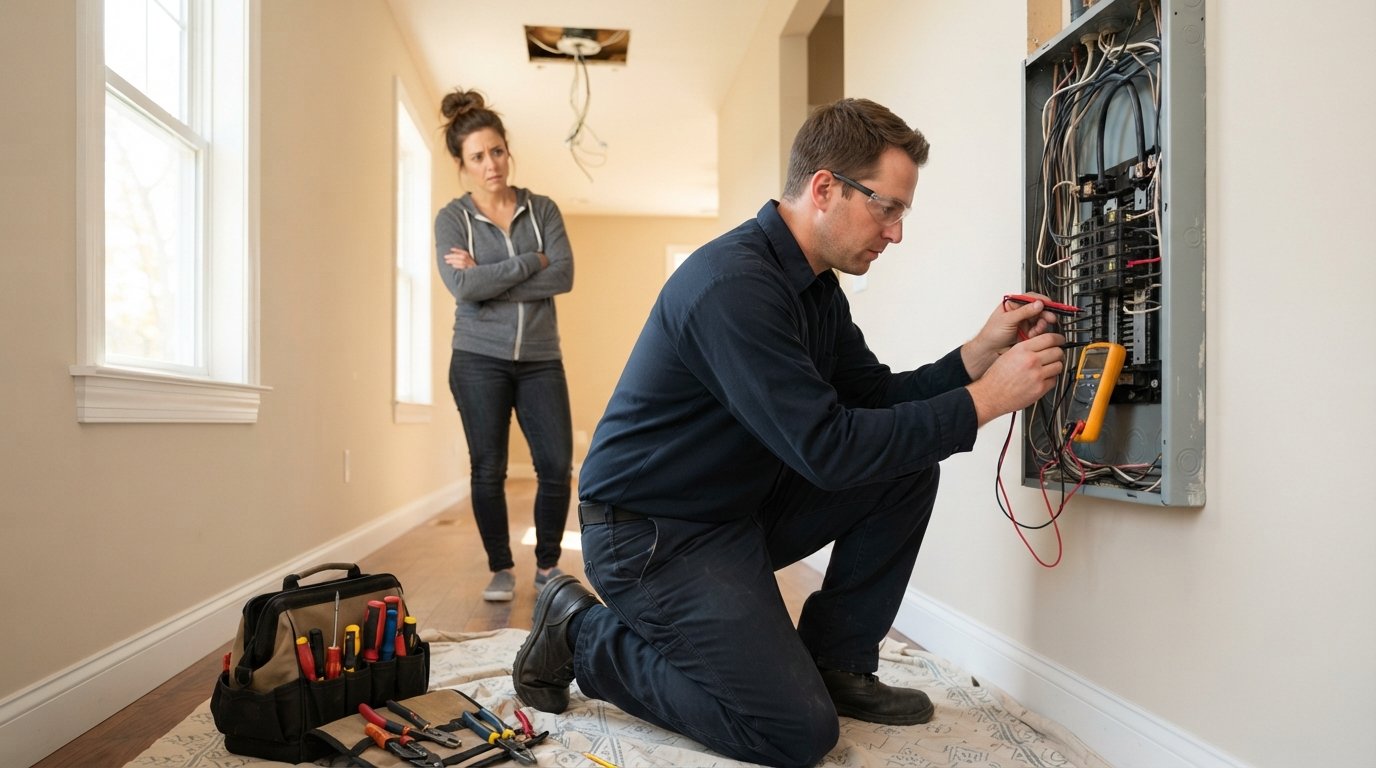 Electrician in safety glasses testing wiring in an open home electrical panel with a multimeter as a homeowner watches