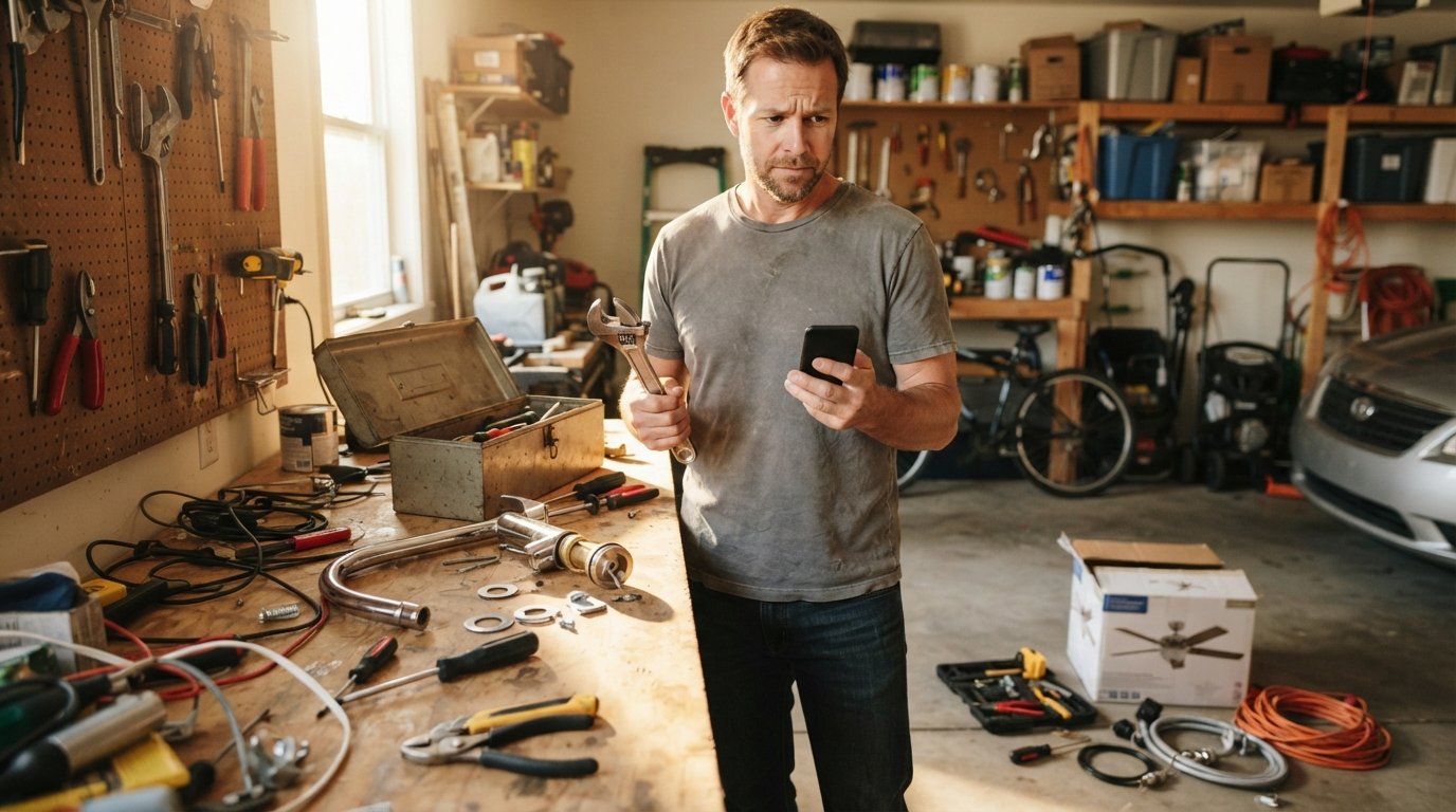 Man in a garage workshop holding a wrench and smartphone, looking between an open toolbox and his phone