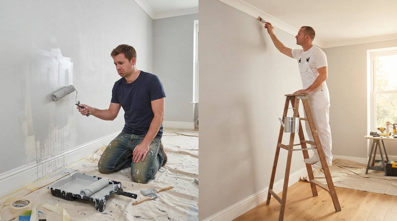Homeowner with paint roller on the left looks frustrated beside a messy tray, while a professional painter in white…