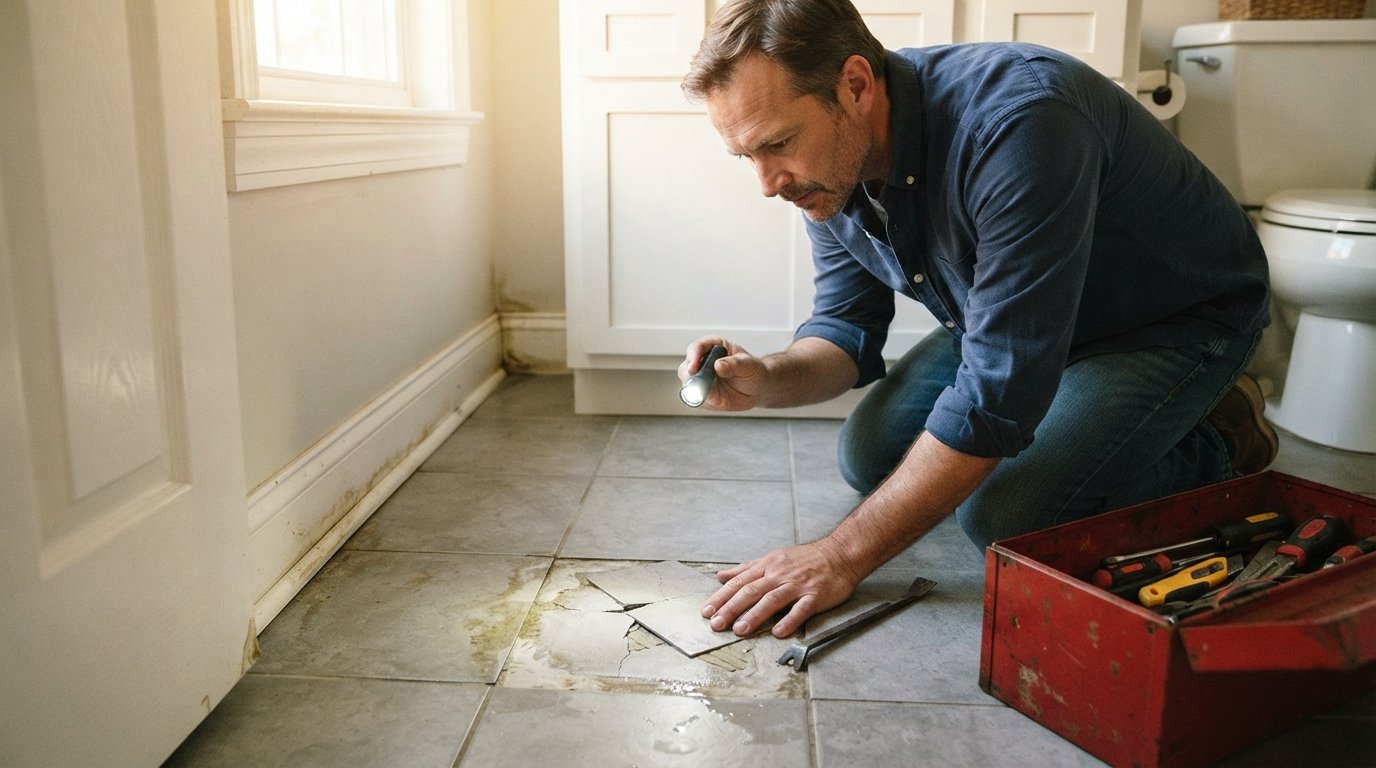 Homeowner kneeling by a bathroom wall, shining a flashlight on a cracked tile and discolored floor near an open toolbox