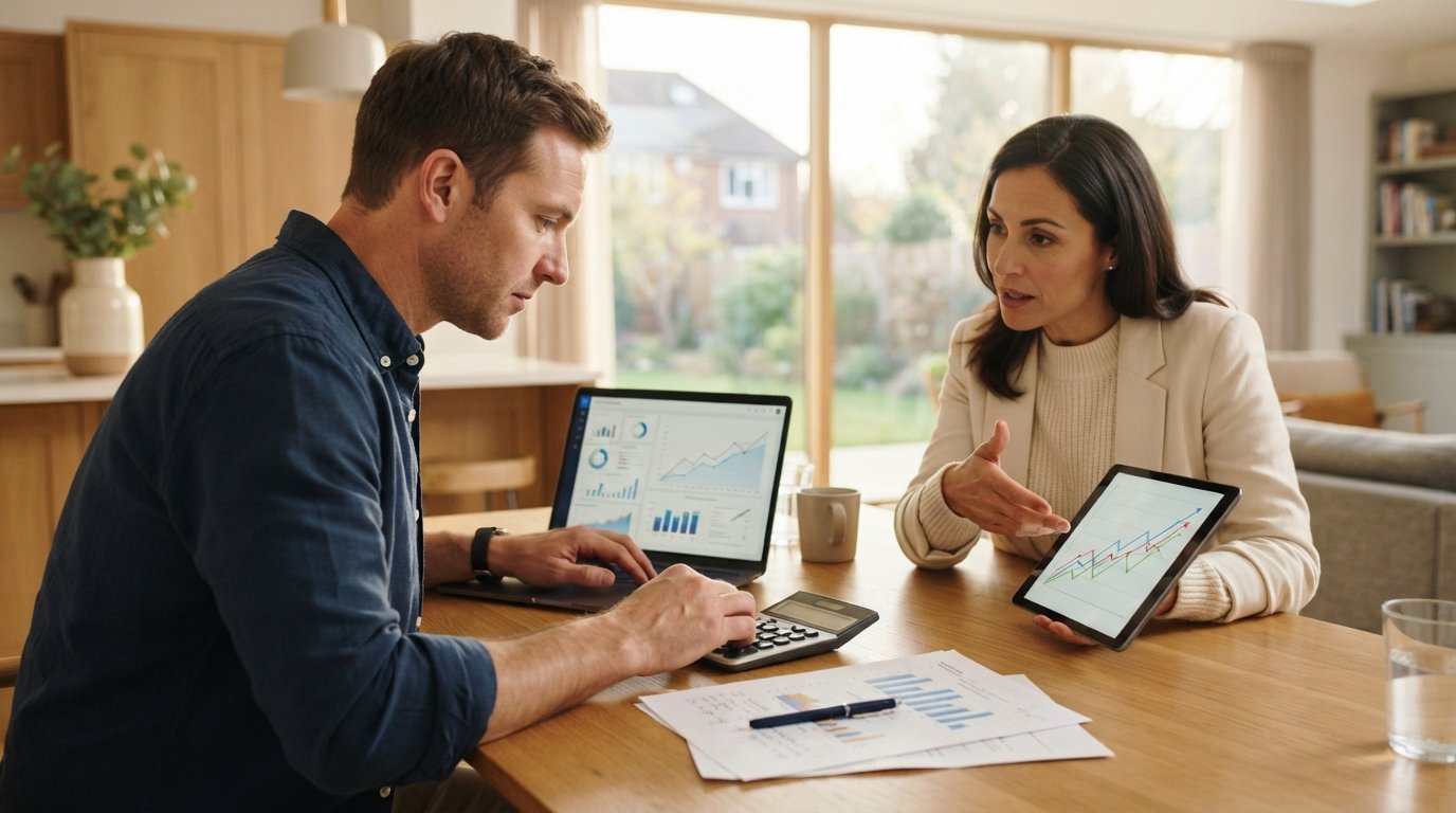 Homeowner at a kitchen table reviews a mortgage rate dashboard on a laptop while an agent points to a rising line graph on…