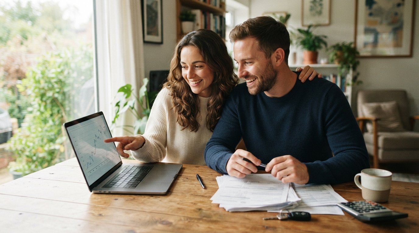 Couple at a kitchen table reviewing financial charts on a laptop beside auto loan paperwork, a pen, a calculator, and car…