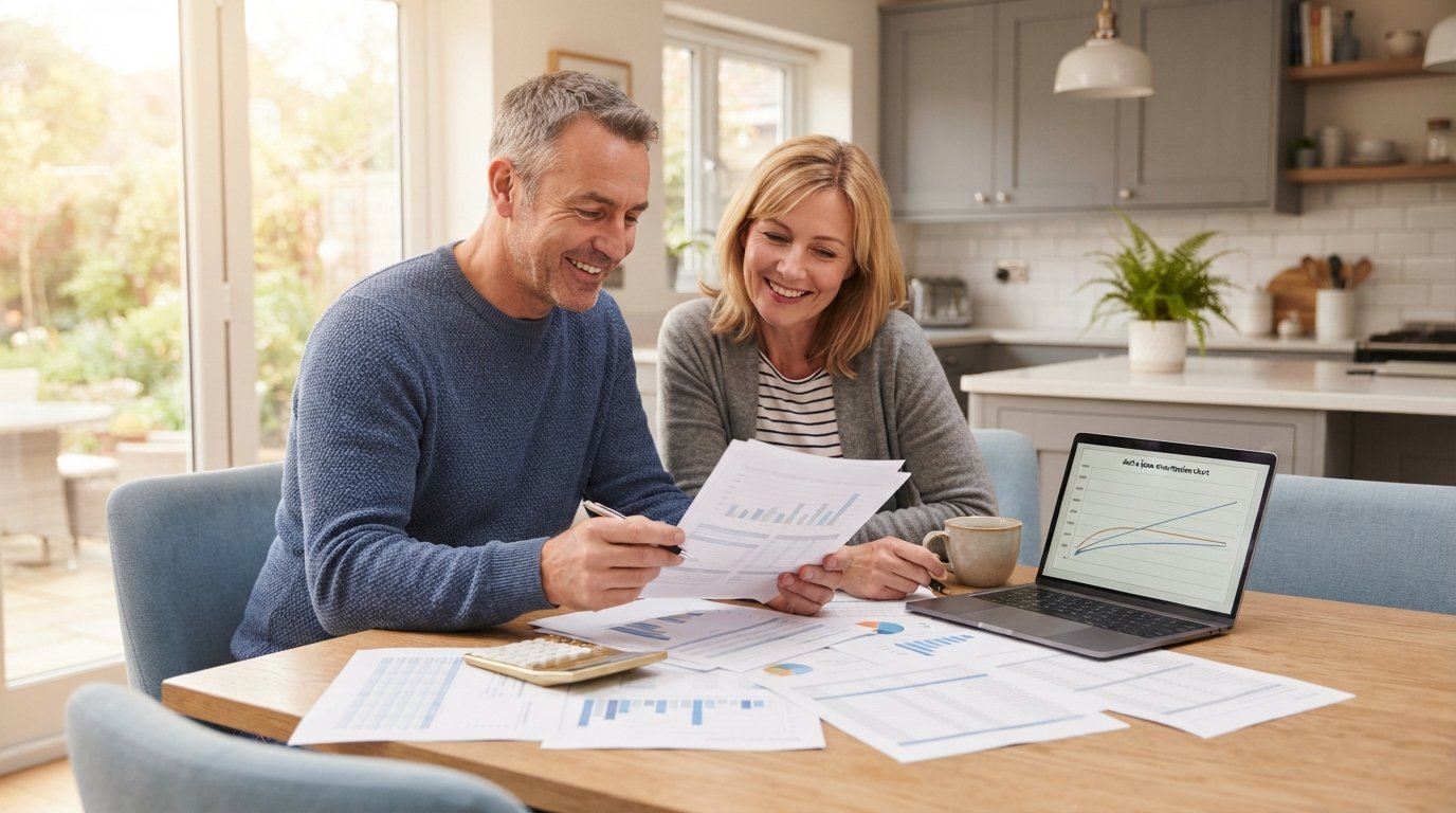Couple reviewing mortgage refinance paperwork at a kitchen table with a calculator and laptop showing loan charts in daylight