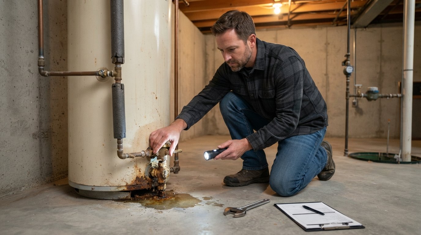Homeowner kneeling beside an older tank water heater, shining a flashlight on a corroded fitting and small puddle on the…