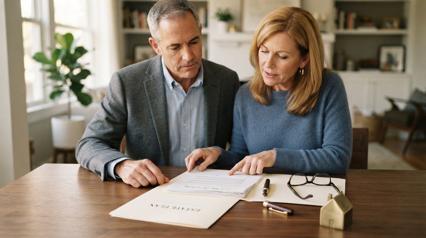 Man and woman in casual business attire reviewing an open estate planning folder with a will document, pen, reading…