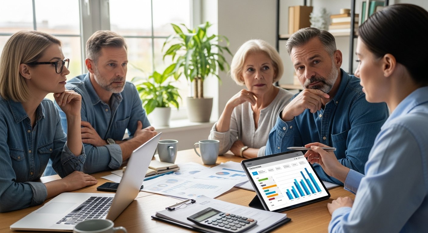 Insurance broker shows a comparison chart on a tablet to a couple, a graphic designer, and a small business owner at a…