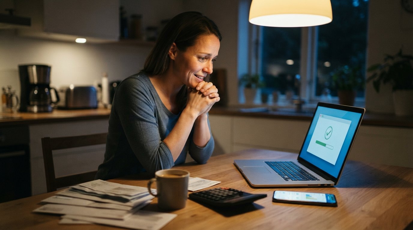 Person at a kitchen table at night reviewing bills and loan options on a laptop with a calculator, coffee mug, and…