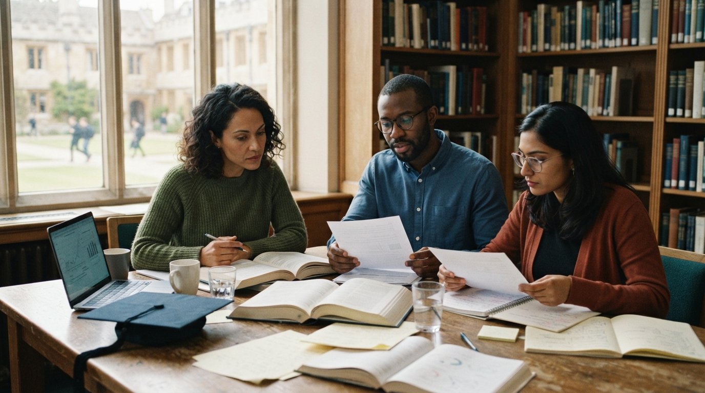 Three adults in their 30s and 40s seated around a wooden library table with open books, a laptop, a notebook, and a…