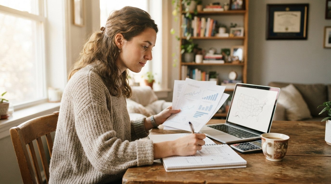 Young woman at a sunlit desk comparing printed tuition breakdowns beside a laptop showing a blank U.S. map, with…