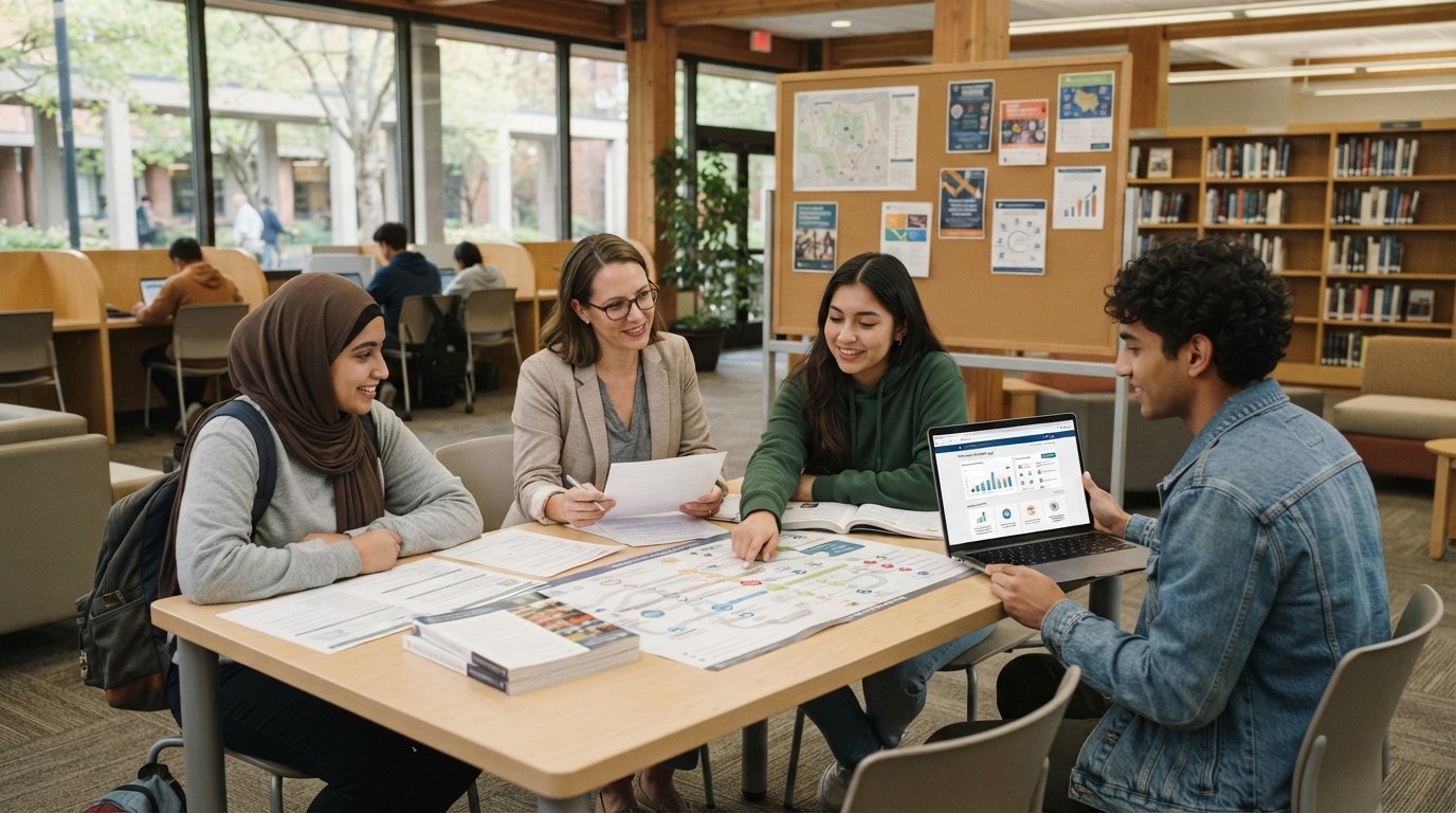 Diverse students and an advisor review transfer credit worksheets and a degree pathway chart at a light-wood table in a…