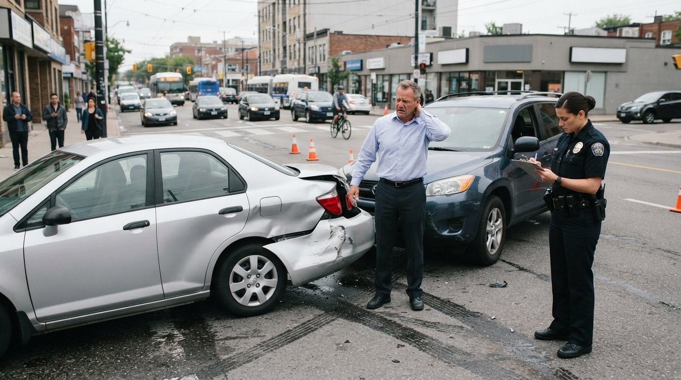 Driver holding back of neck beside a silver sedan with a dented rear bumper after a rear-end collision, as a police officer…