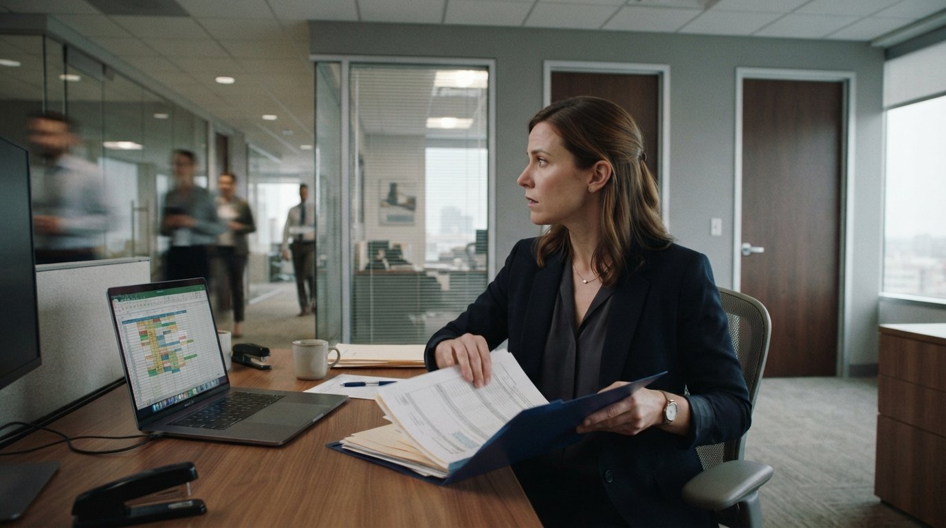 Business casual employee at a desk sorting papers into a folder while looking over their shoulder toward a glass-walled…