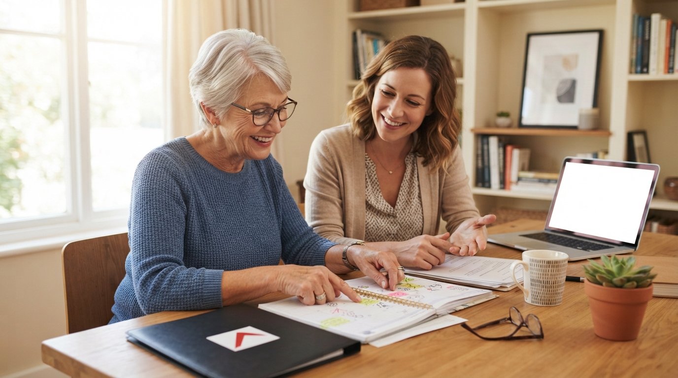 Senior woman with silver hair and a younger woman reviewing a calendar and papers at a wooden desk in a bright home office