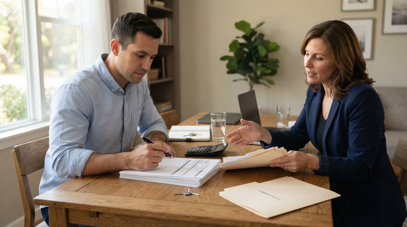 Buyer in blue shirt with pen over loan estimate and seller in navy blazer gesturing at split paperwork, calculator and…