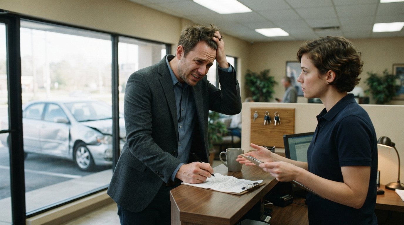 Stressed driver in a blazer holds a pen over a rental contract while an agent gestures at a clipboard, with a dented silver…