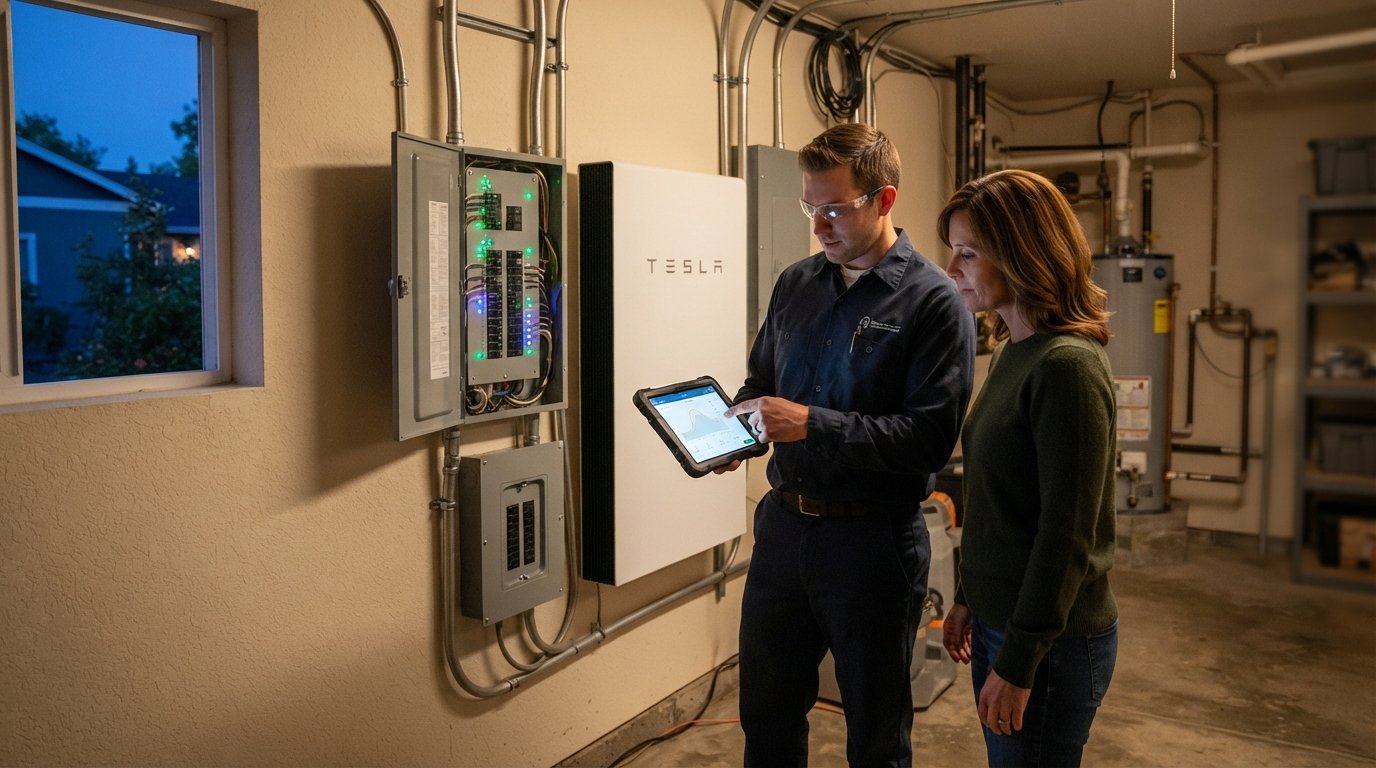 Technician with tablet and homeowner in utility room with wall-mounted home battery, smart electrical panel, backup…