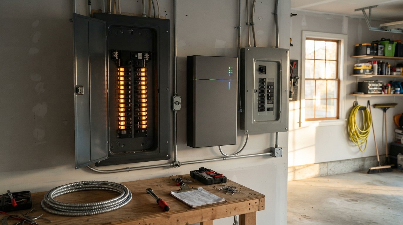 Garage wall with a fully populated main breaker panel and wall-mounted battery cabinet beside a smaller critical loads…