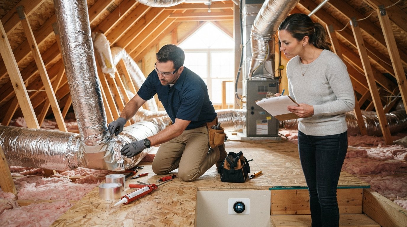 Contractor in navy shirt sealing attic ductwork with foil tape while homeowner with clipboard watches, insulation rolls and…