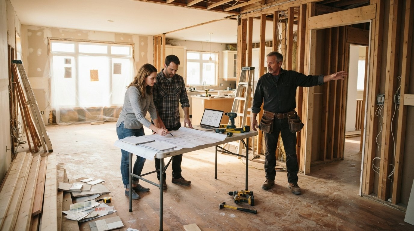 Couple reviewing blueprints with a contractor beside exposed wall studs in a mid-renovation living space