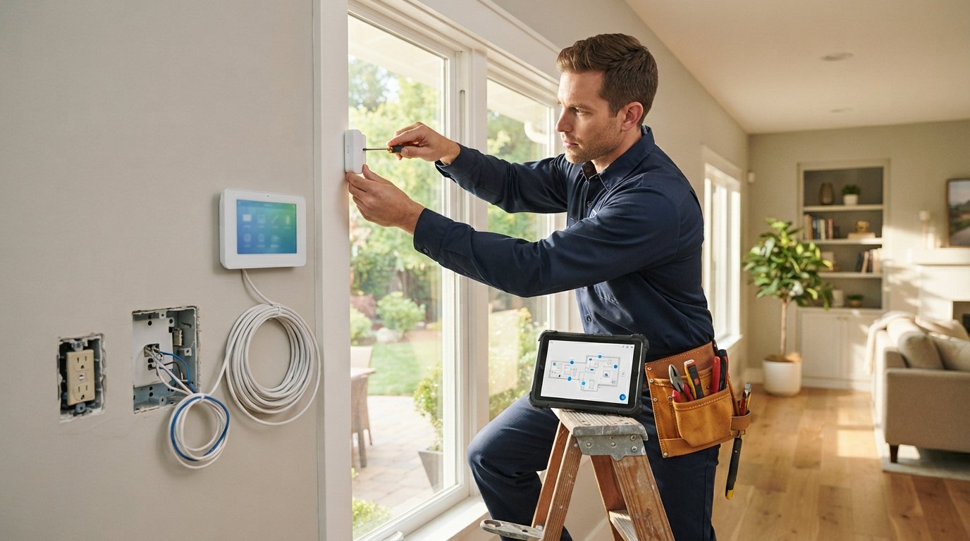 Installer in navy uniform mounts a white wireless sensor by a window, with wired panel, coiled cable, and tablet diagram…