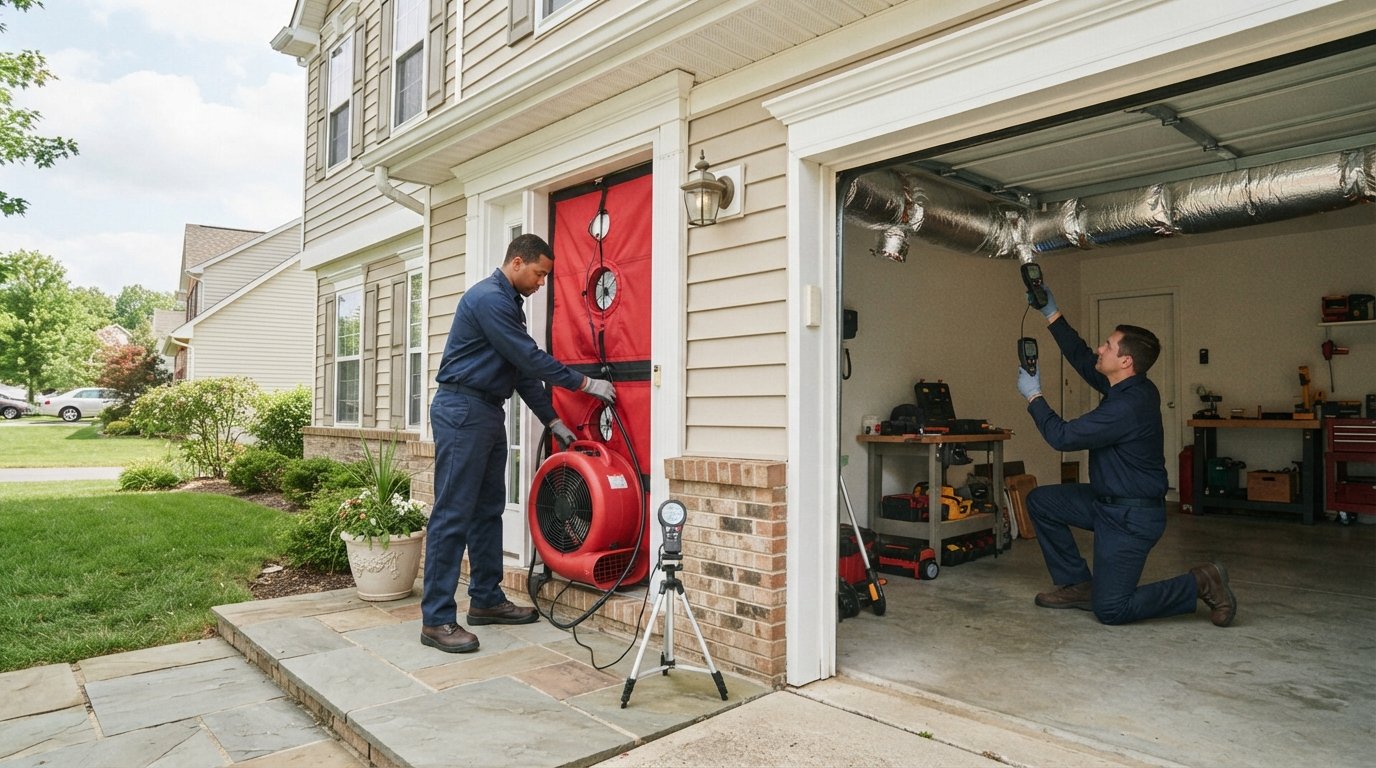 HVAC technician in navy uniform runs a blower door test with a red fan panel in a front doorway while another inspects…